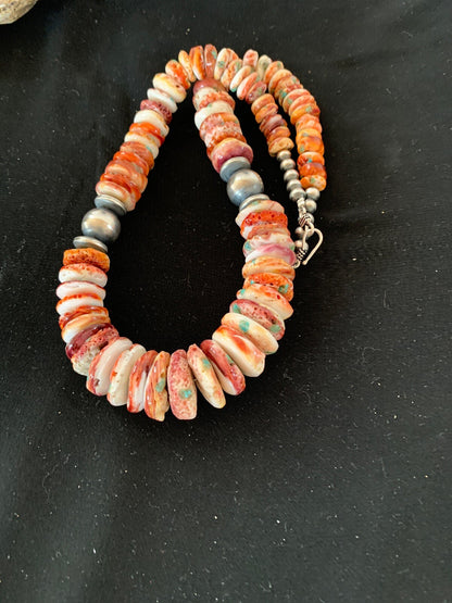 Native Red Spiny Oyster Navajo Pearls Sterling Silver Necklace 20" 03242