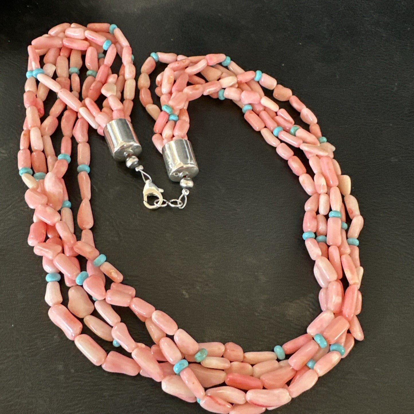 Navajo Blue Turquoise Pink Coral Sterling Silver 5 Strand Necklace 20” 17840
