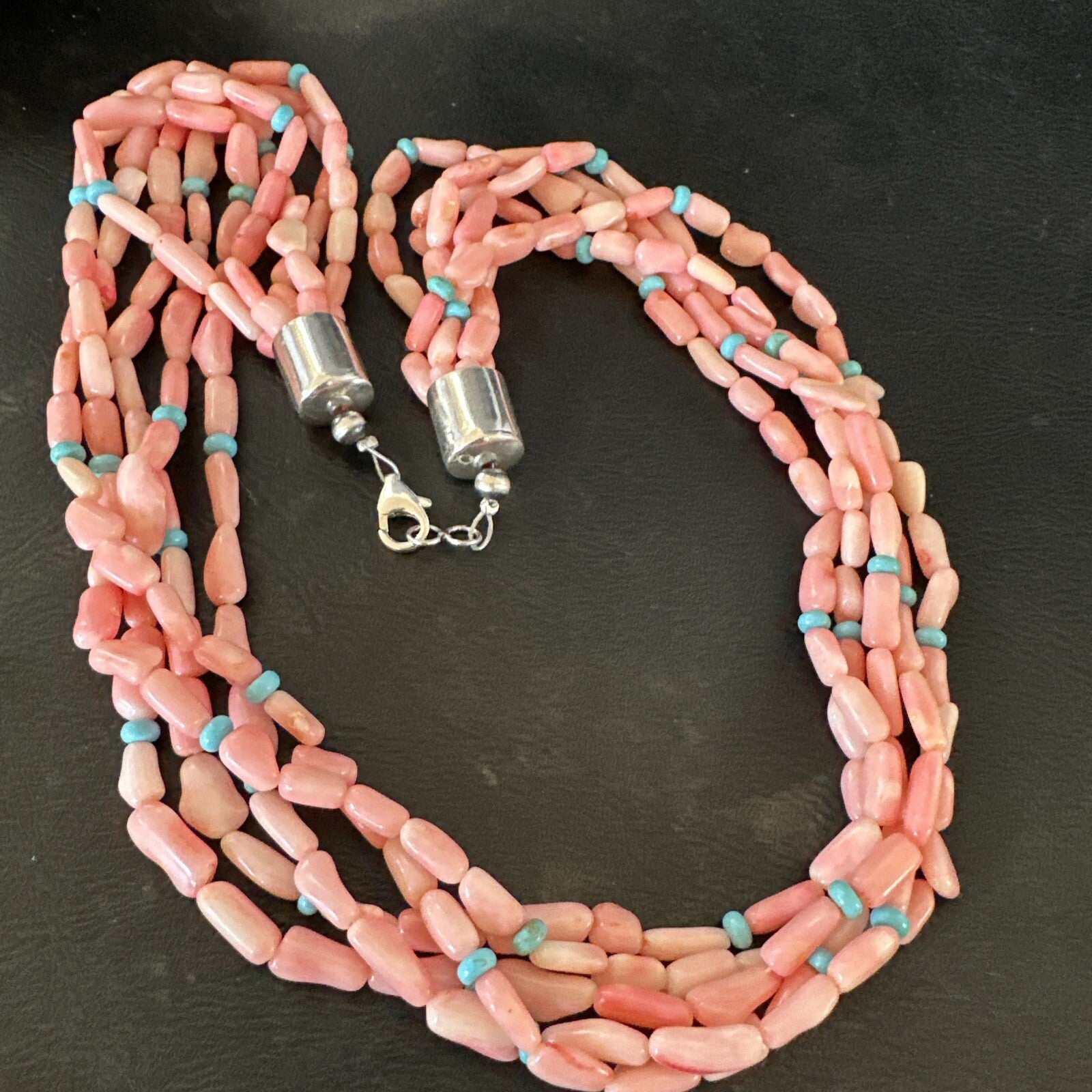 Navajo Blue Turquoise Pink Coral Sterling Silver 5 Strand Necklace 20” 17840