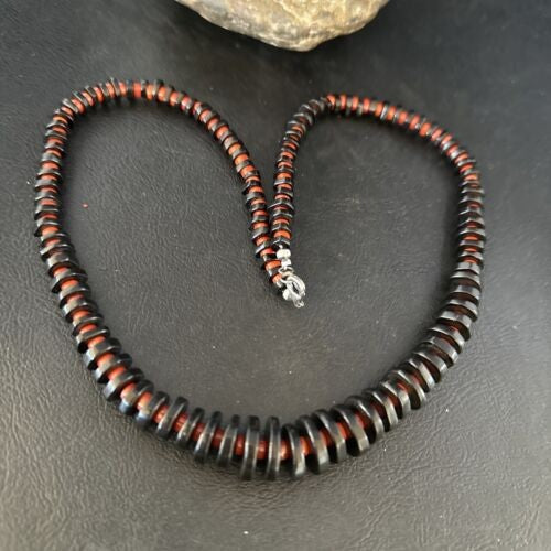 Navajo Bamboo Coral Black Onyx Necklace Sterling Silver 20" 14432