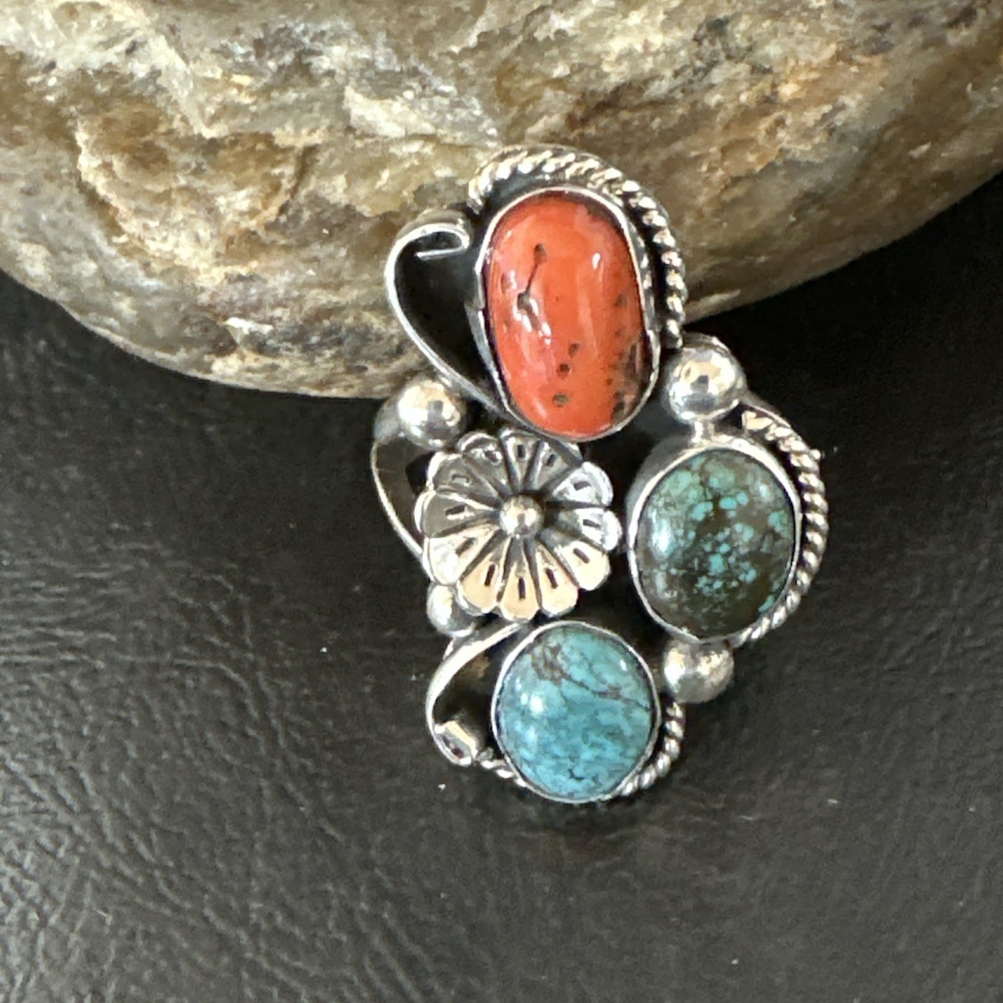 Multicolor Ring Turquoise Coral Spiny Navajo Sterling Silver Cluster Sz 10 19194