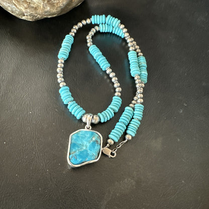 Blue Kingman Turquoise 2 Sided Pendant Navajo Sterling Native Necklace 20" 19516