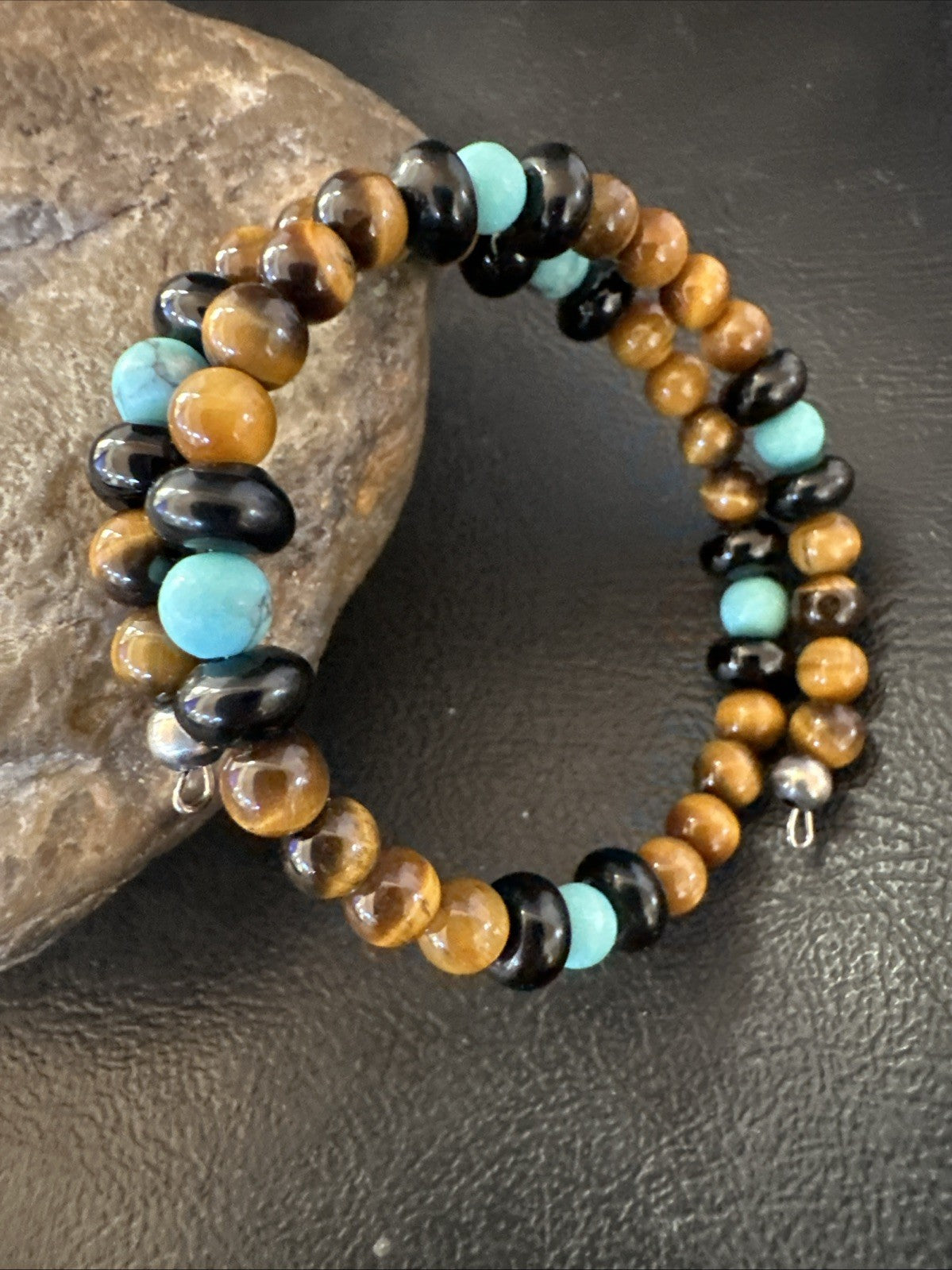 Blue Turquoise Coffee Tigers Eye Navajo Stainless Memory Wire Bracelet 19695