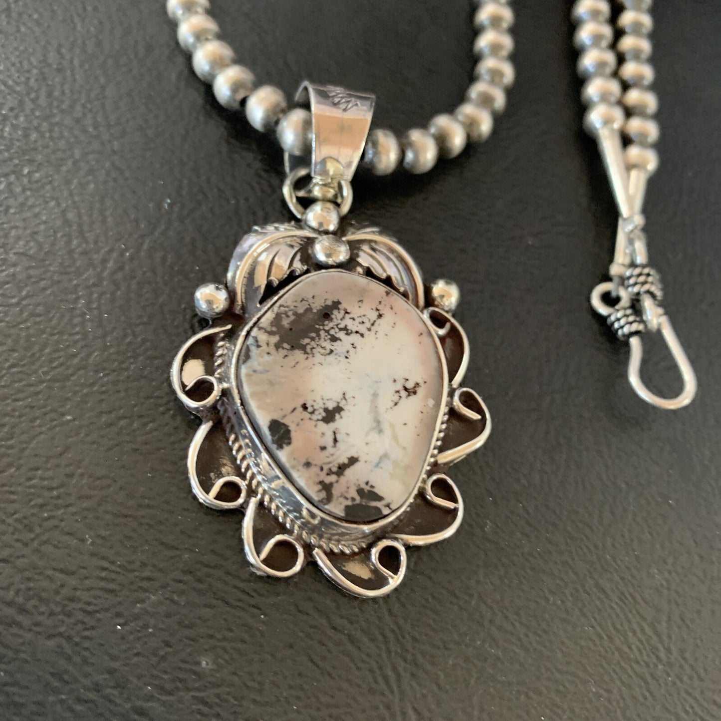 White Buffalo Turquoise Pendant  Sterling Silver Beads Necklace 11129