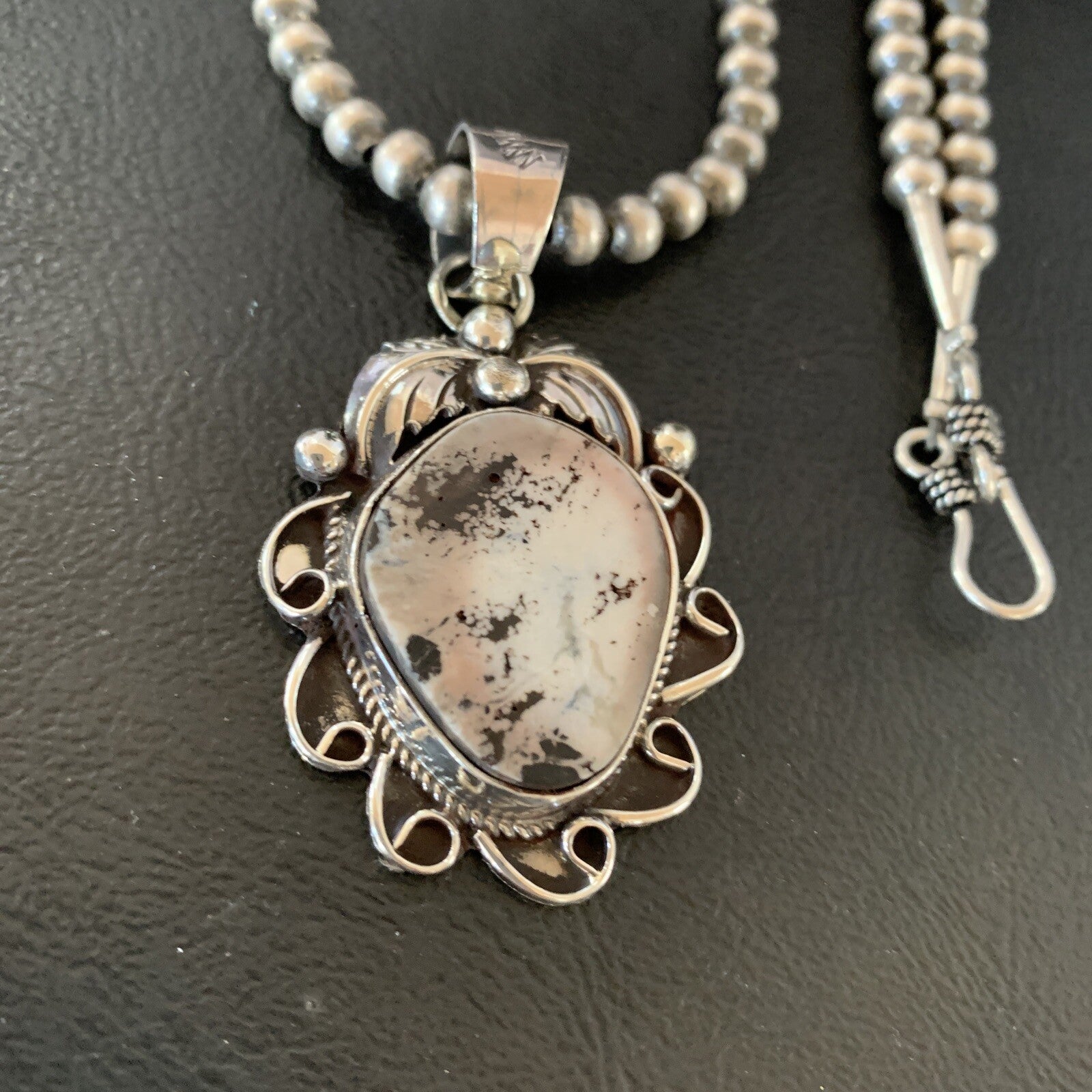White Buffalo Turquoise Pendant  Sterling Silver Beads Necklace 11129