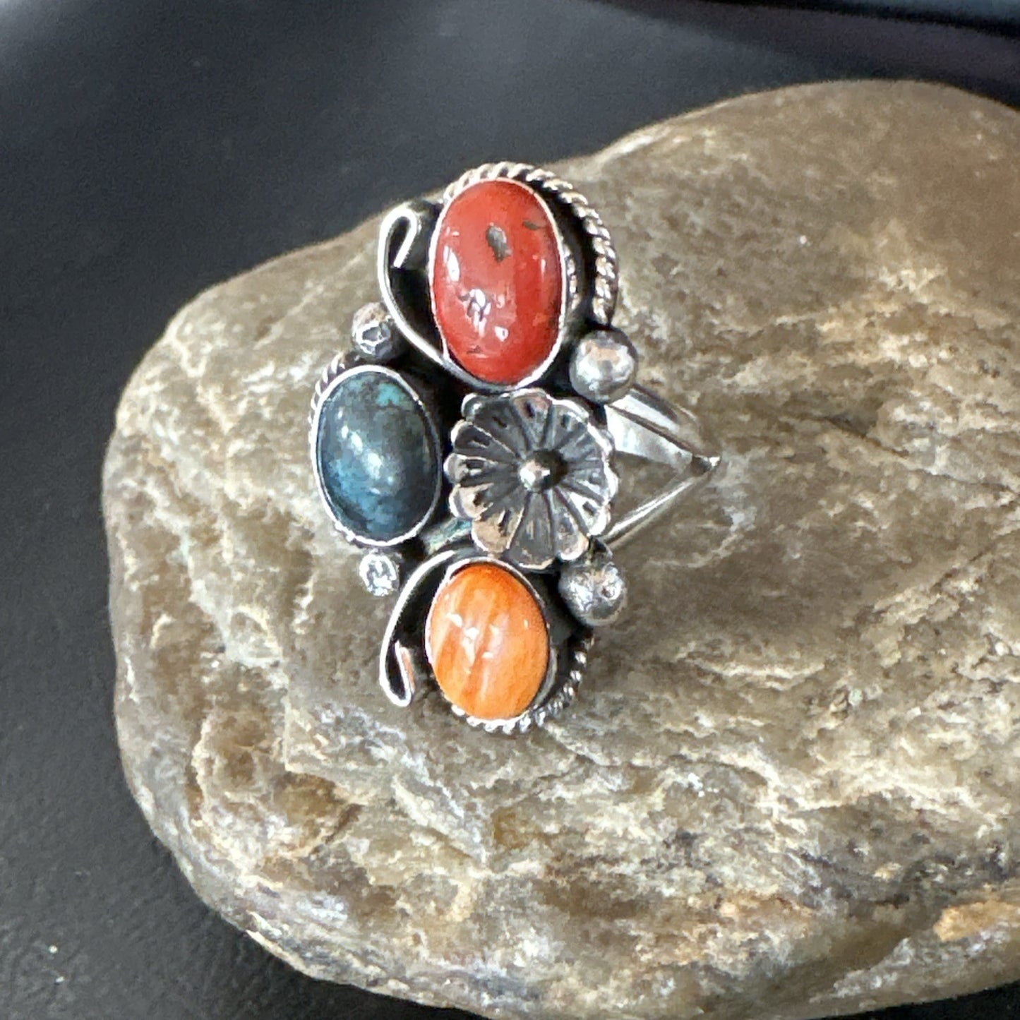 Multicolor Ring Turquoise Coral Spiny Navajo Sterling Silver Cluster Sz 10 19193