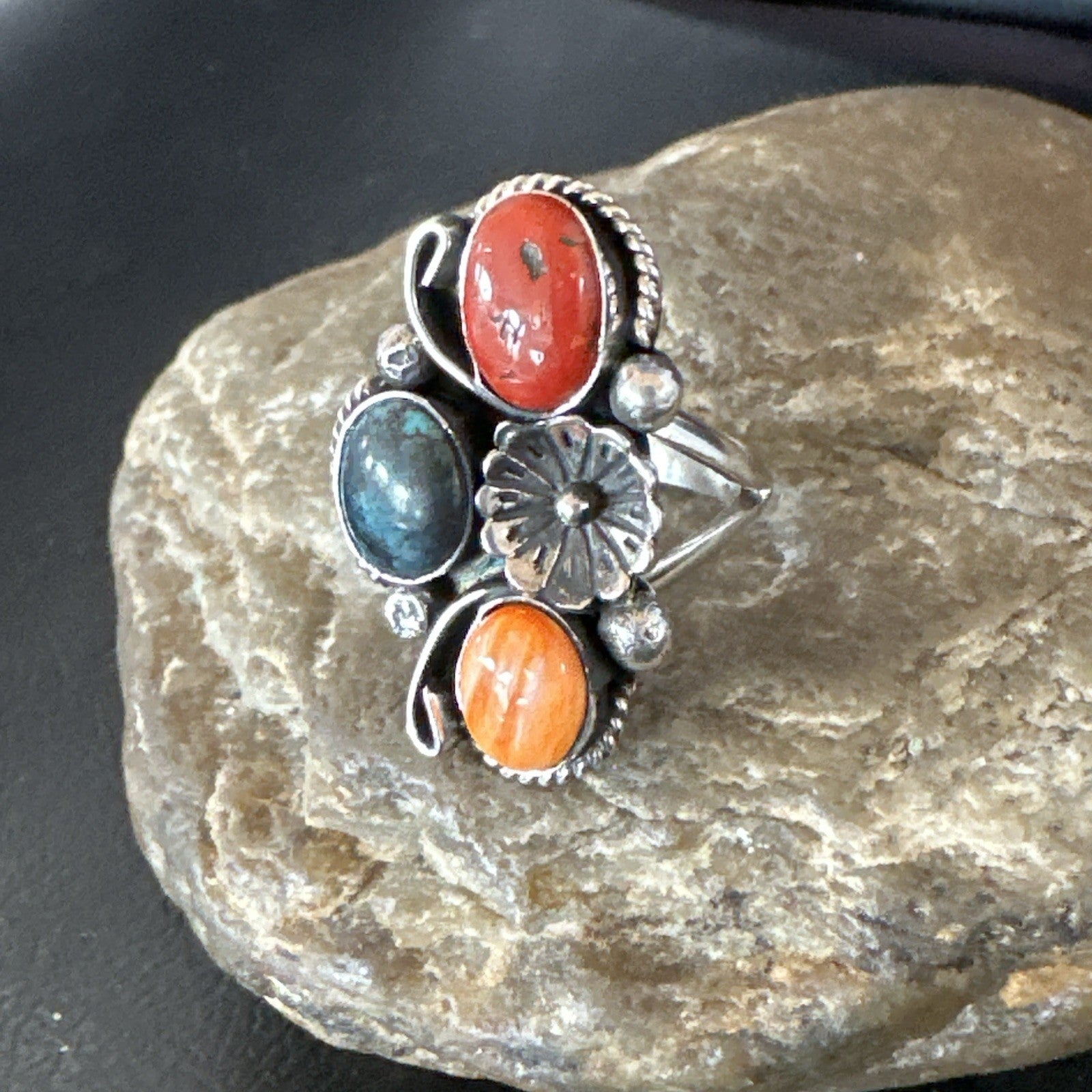 Multicolor Ring Turquoise Coral Spiny Navajo Sterling Silver Cluster Sz 10 19193