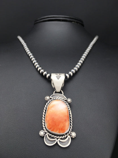 Native Orange Spiny Oyster Pendant Navajo Sterling Silver Necklace 04907