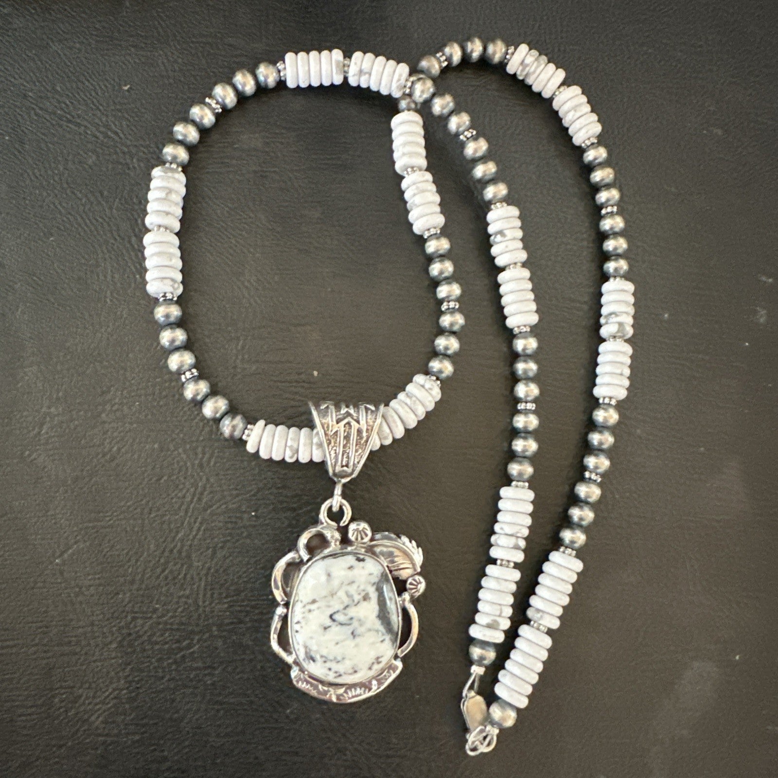 White Buffalo Turquoise Pendant Navajo Pearls Sterling Silver Necklace 20” 19496