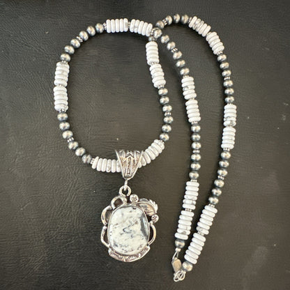 White Buffalo Turquoise Pendant Navajo Pearls Sterling Silver Necklace 20” 19496