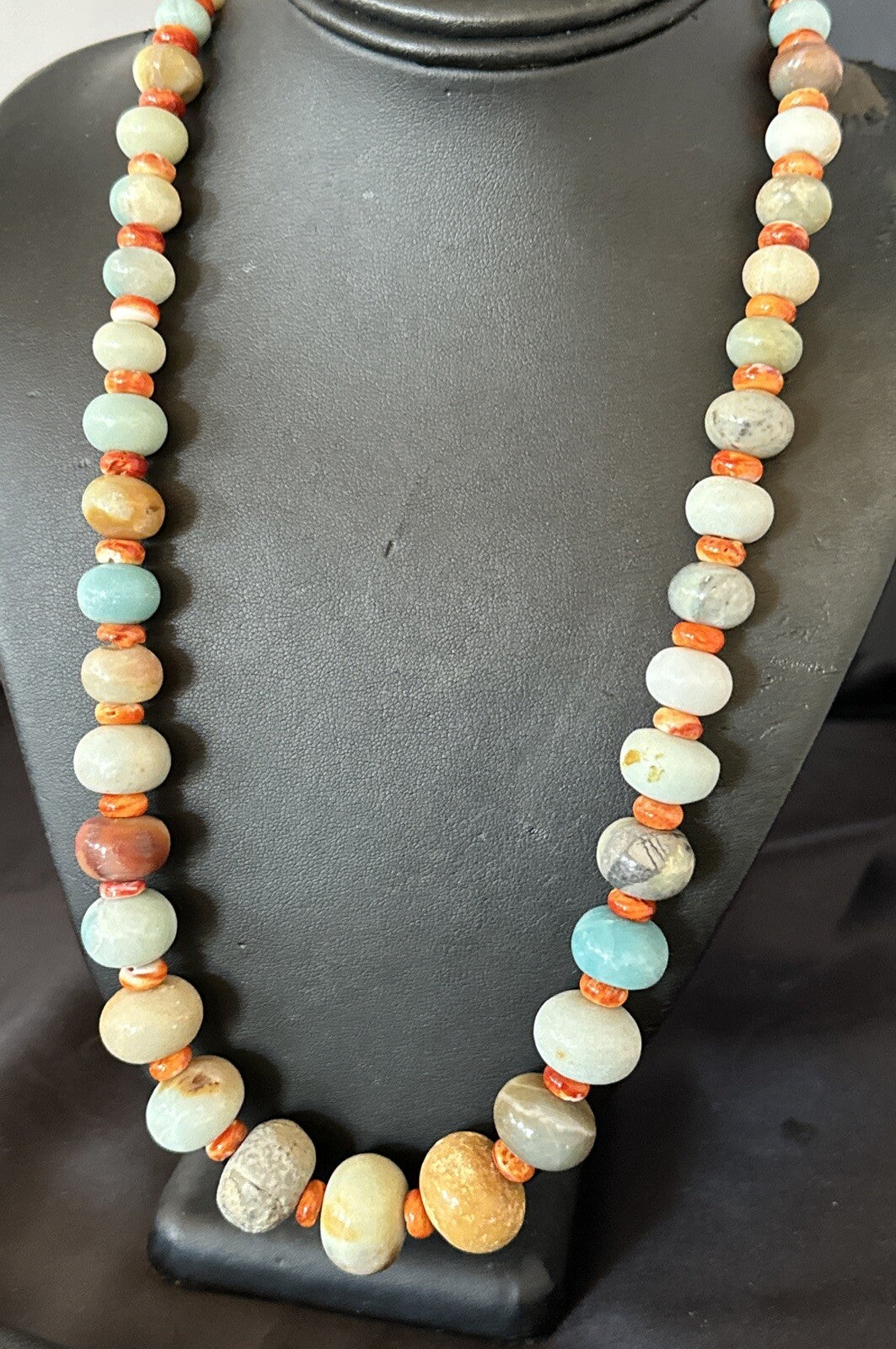 Blue Amazonite Orange Spiny Navajo Sterling Silver Bead Necklace 23” 17831