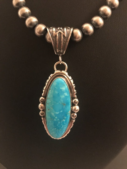 Yazzie Blue Turquoise 2.5" Pendant Navajo Pearls Sterling Silver Necklace 3232
