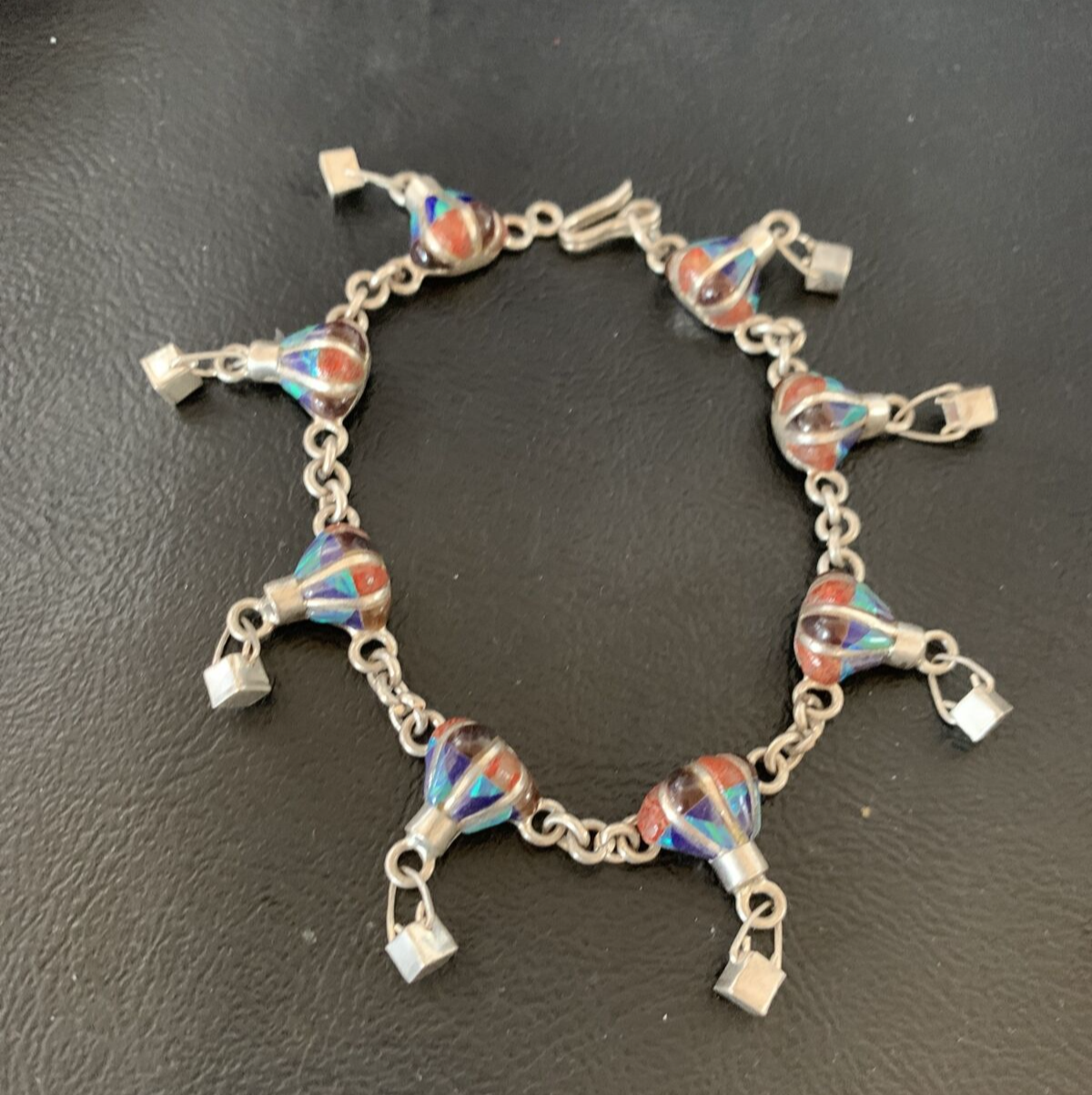 Blue Opal Coral Balloon Navajo Sterling Silver Link Inlay Bracelet 7.5" 12924