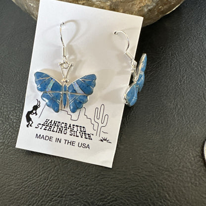 Butterfly Blue Denim Lapis Opal Inlay Sterling Silver Dangle Earrings 19138