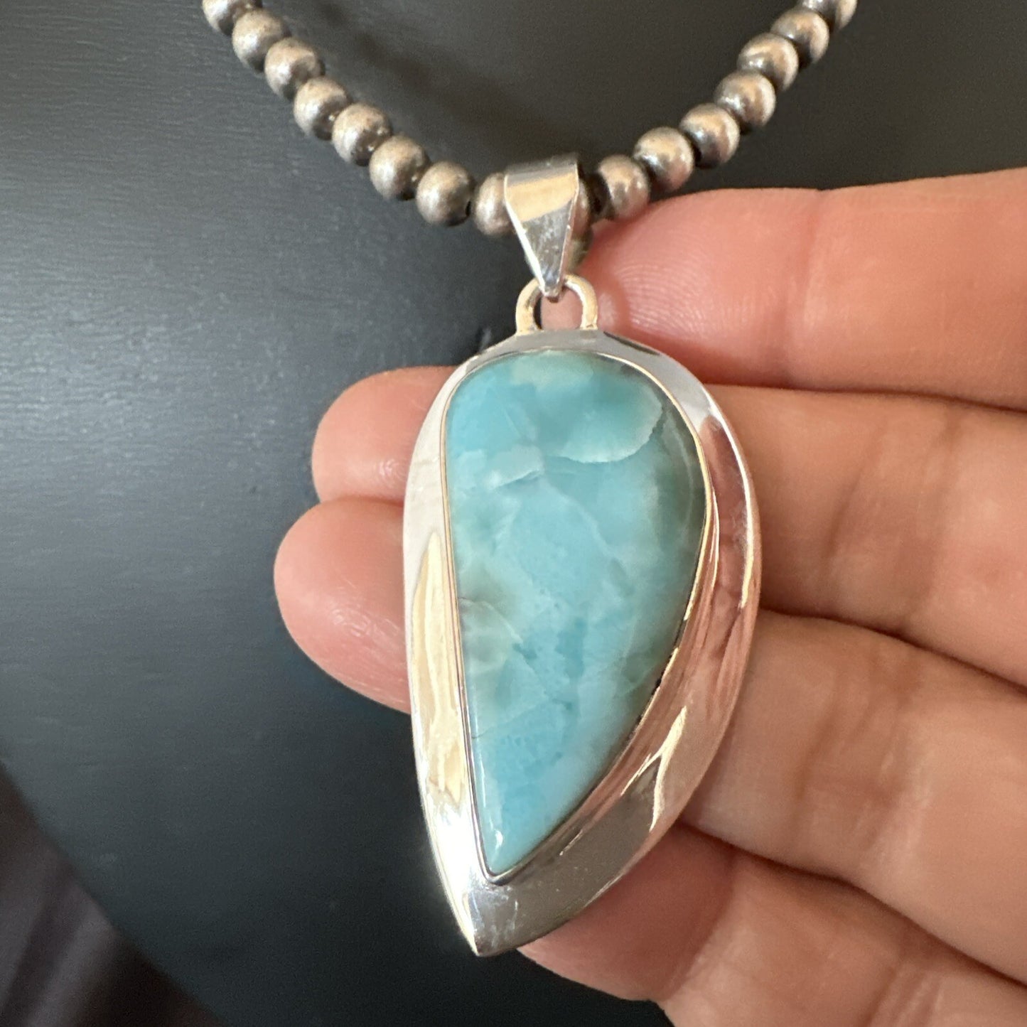 Womens Blue Larimar Pendant Navajo Sterling Silver Beads Necklace 17716