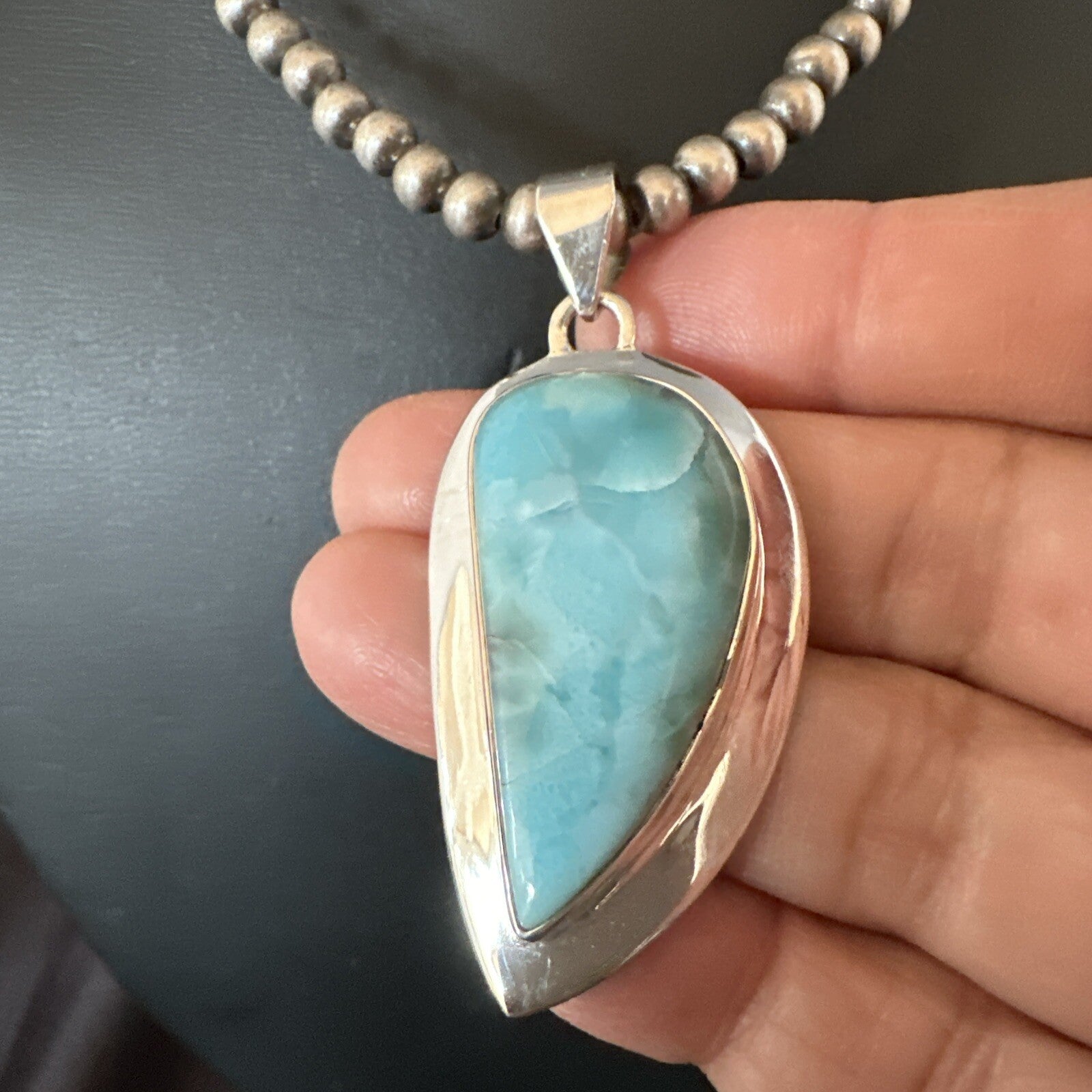 Womens Blue Larimar Pendant Navajo Sterling Silver Beads Necklace 17716
