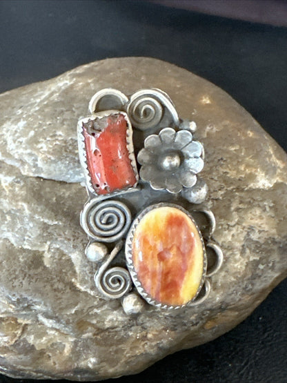 Old Pawn Spiny Oyster Coral Navajo Sterling Silver Cluster Ring Sz 6 19762