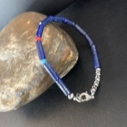 Navajo Lapis Turquoise Coral Beaded Bracelet Sterling Silver 7" 13117