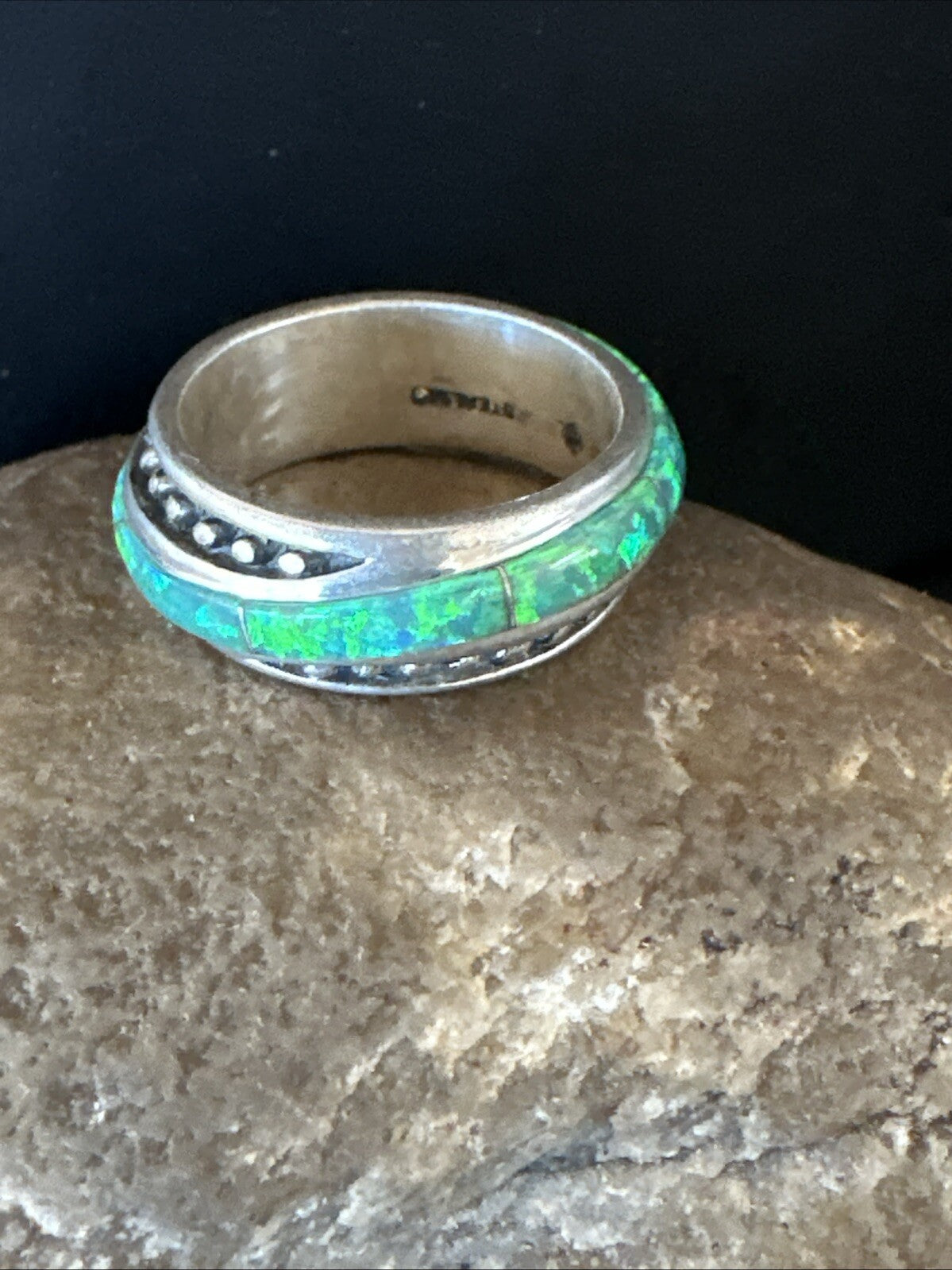 Green Opal Navajo Sterling Silver Band Inlay Ring Size 7 18809