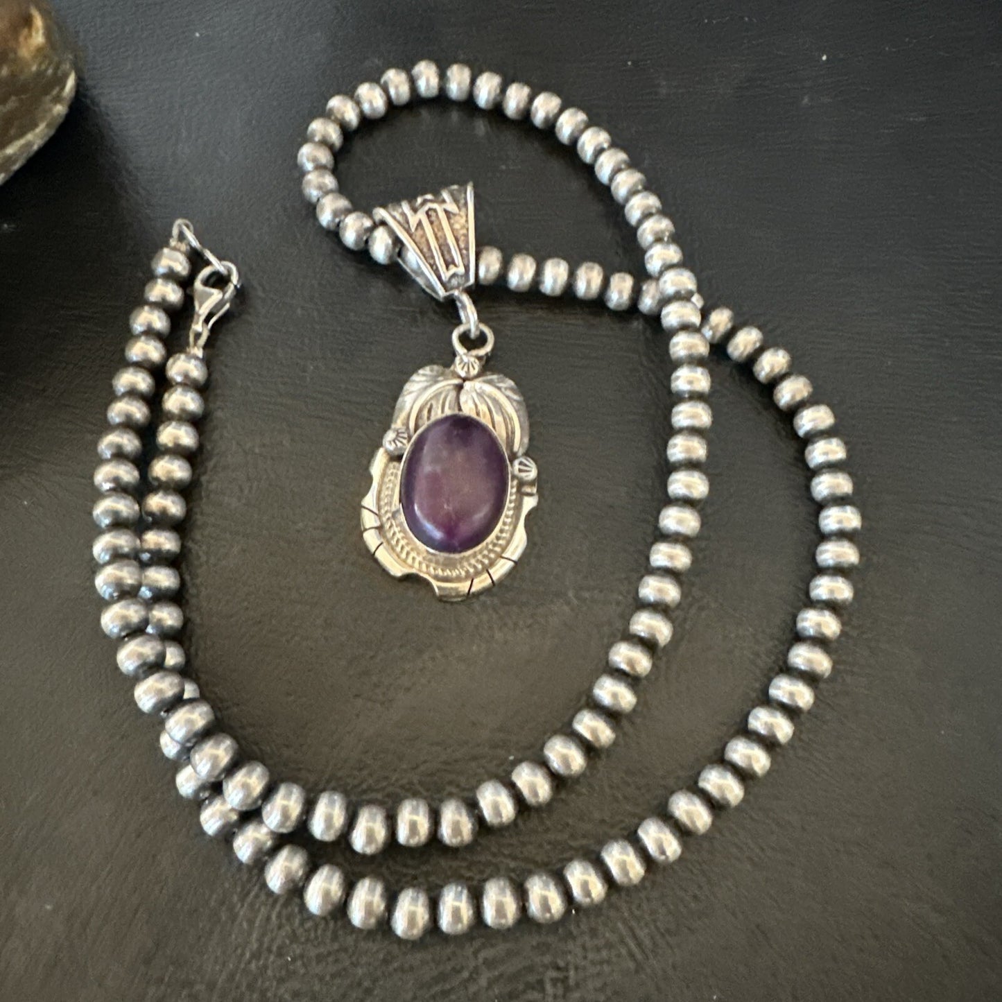 Purple Stone Pendant Navajo Pearls Sterling Silver Necklace 20” 18403