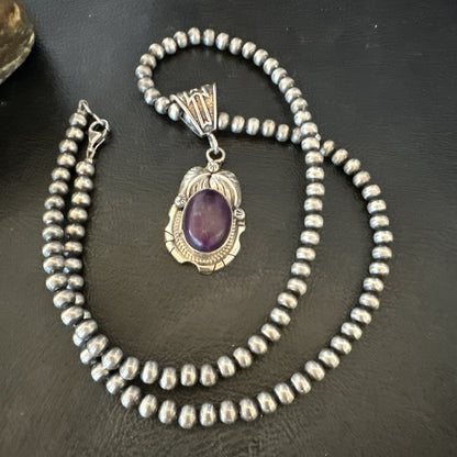 Purple Stone Pendant Navajo Pearls Sterling Silver Necklace 20” 18403