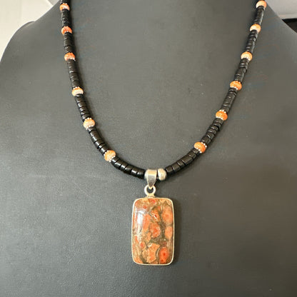 Orange Spiny Black Onyx Navajo Sterling Silver Pendant Necklace 20” 19637