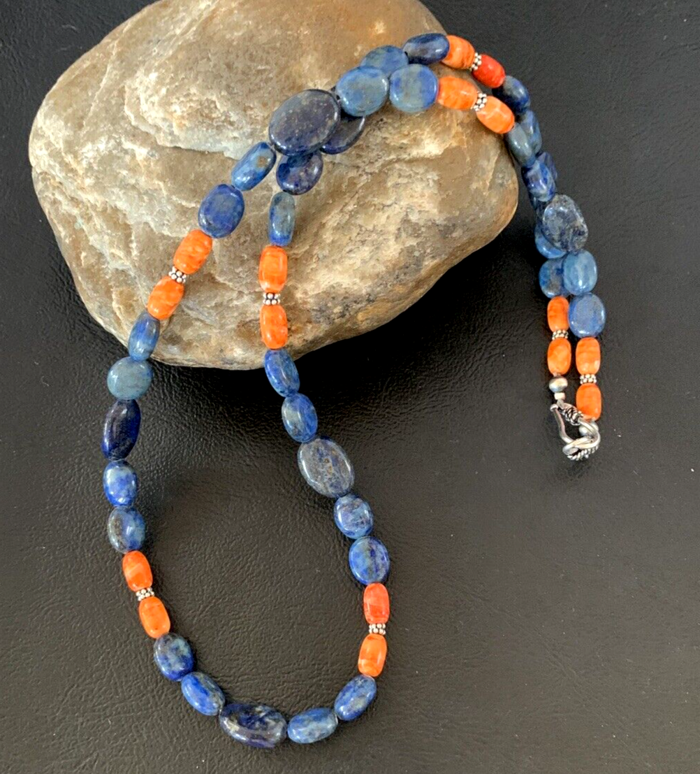 Mens Lapis Orange Spiny Oyster Navajo Pearls Sterling Silver Necklace 20" 01489