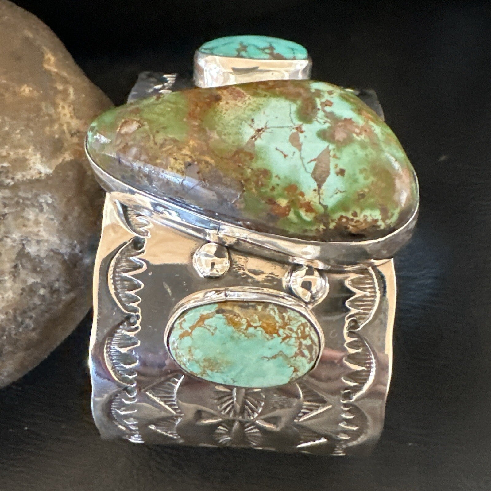 Navajo Green Royston TURQUOISE Stamped Sterling Silver Cuff Bracelet 17938