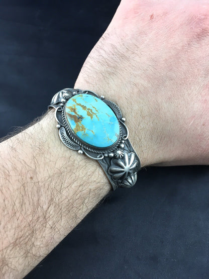 Kingman Turquoise Navajo Sterling Silver Cuff Bracelet 04538