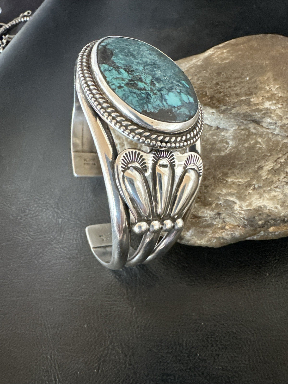 H Joe Blue Spiderweb Turquoise Navajo Sterling Silver Cuff Bracelet 8.2" 19424