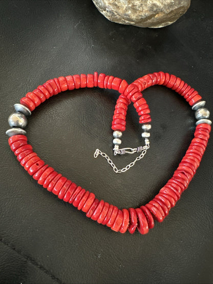 Red Bamboo Coral Navajo Sterling Silver Bead Necklace 19" 19227