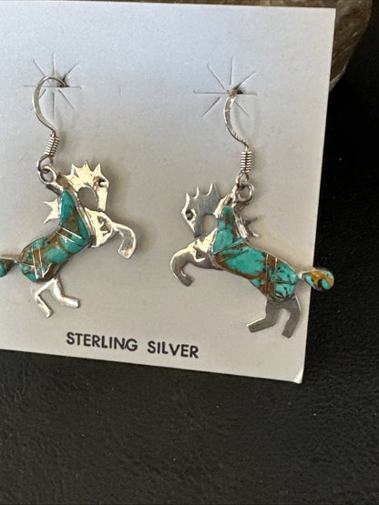 Turquoise Horse Inlay Navajo Sterling Silver Earrings 19826