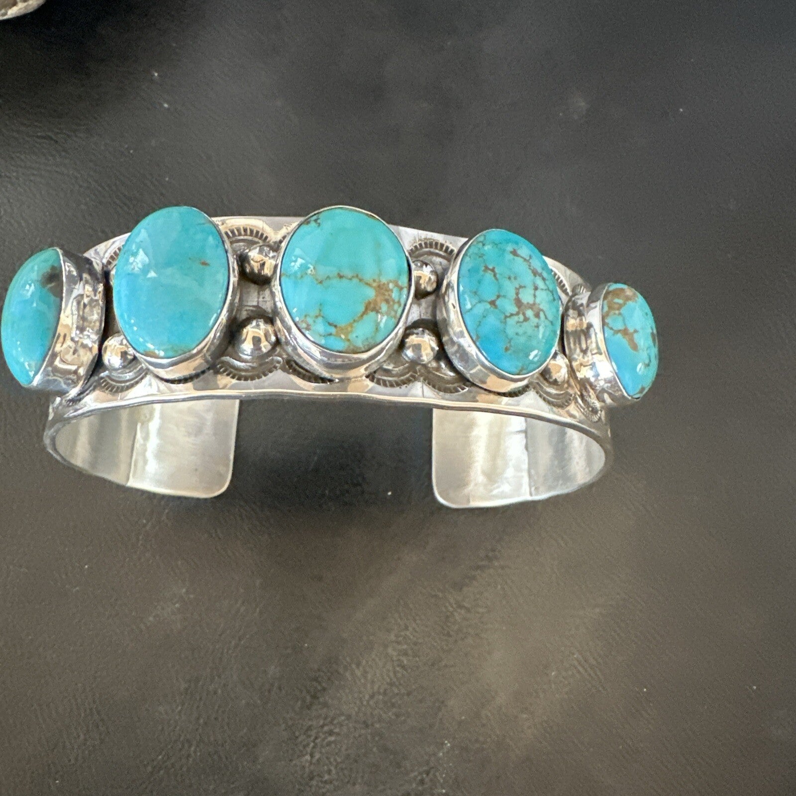 XL Blue Kingman Turquoise 5 Stone Navajo Sterling Silver Cuff Bracelet 18021