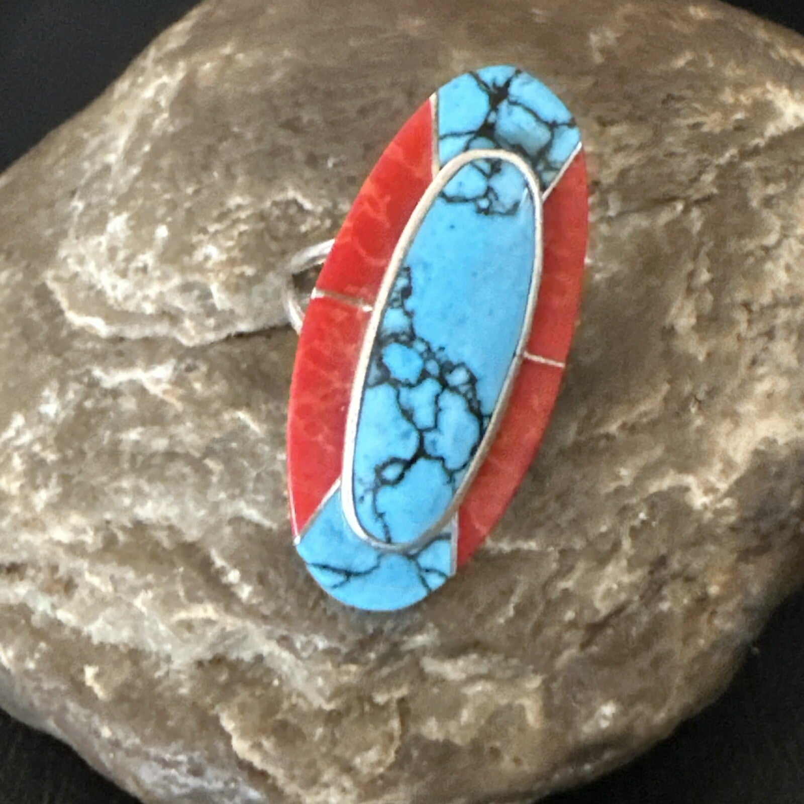 Blue Turquoise Coral Navajo Sterling Silver Ring Size 8.5 18763