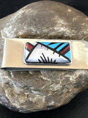 A Zuni Men's Turquoise Spiny Inlay Stainless Money Clip | Sterling Silver | Authentic Native American Handmade | 17833