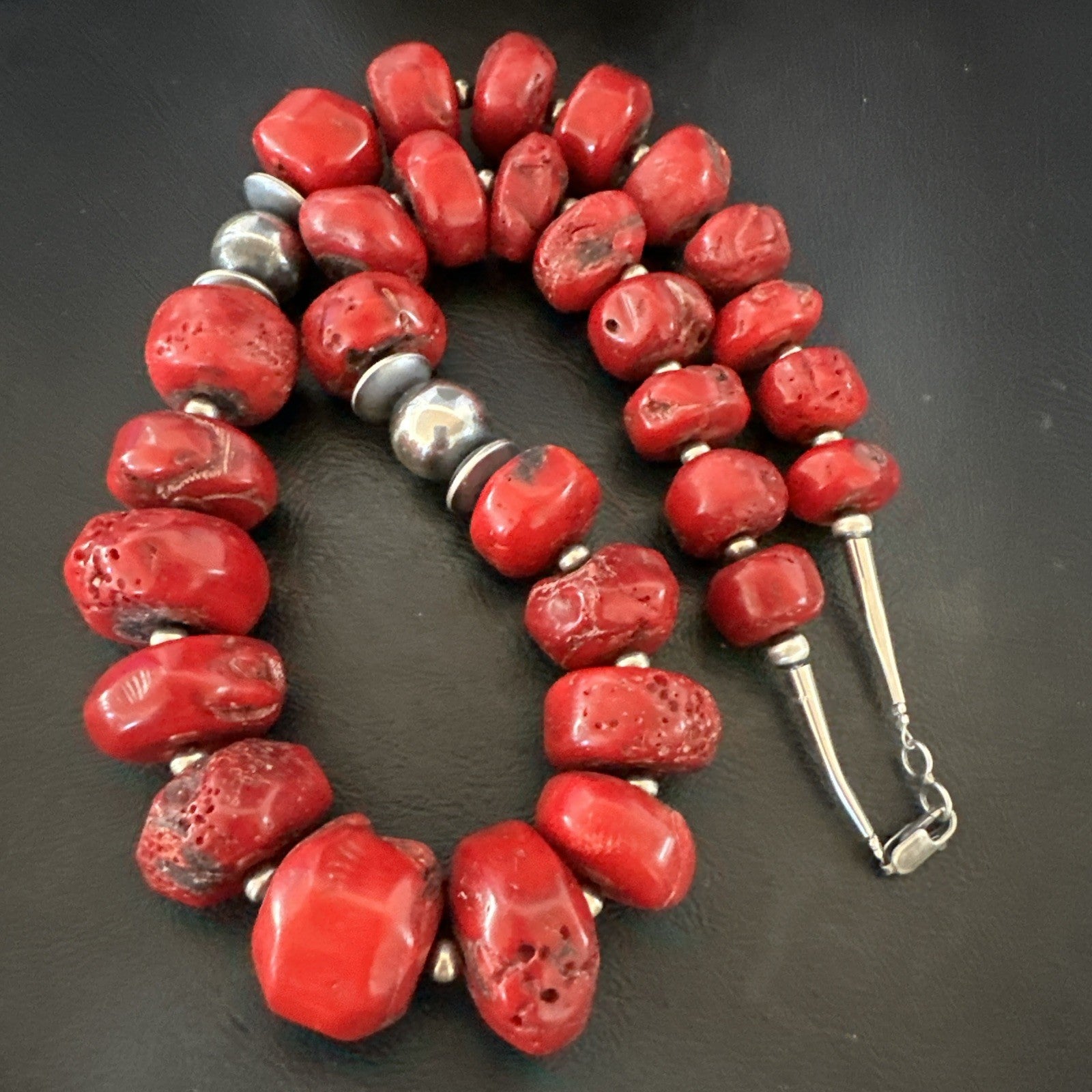 Chunky Navajo Red Bamboo Coral Sterling Silver Bead Necklace 24” Graduated 19531