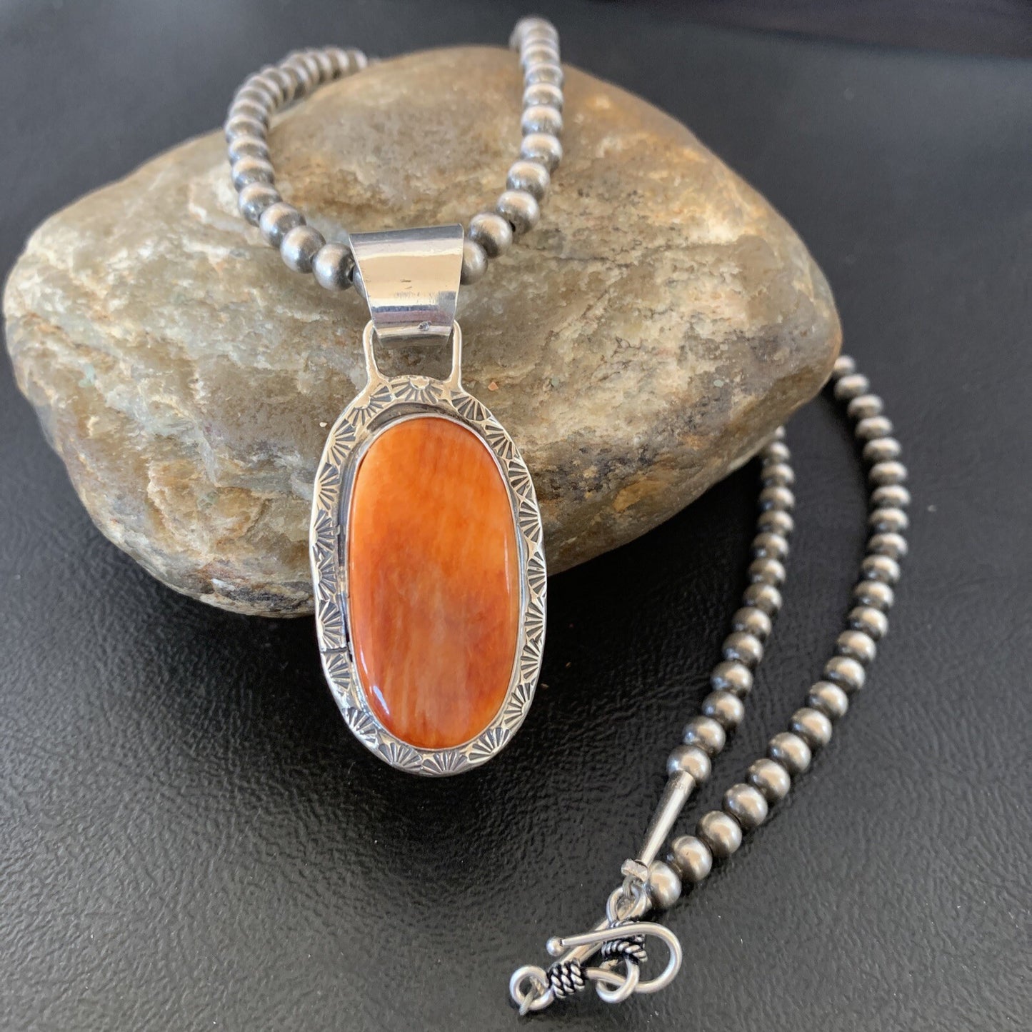 Navajo Sterling Silver Spiny Orange Oyster Necklace Pendant Set2” 14737