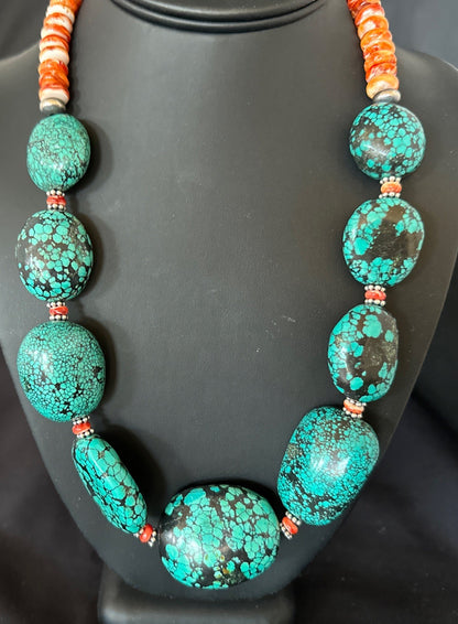 Blue Turquoise Red Spiny Chunky Navajo Sterling Silver Necklace 22” 19248