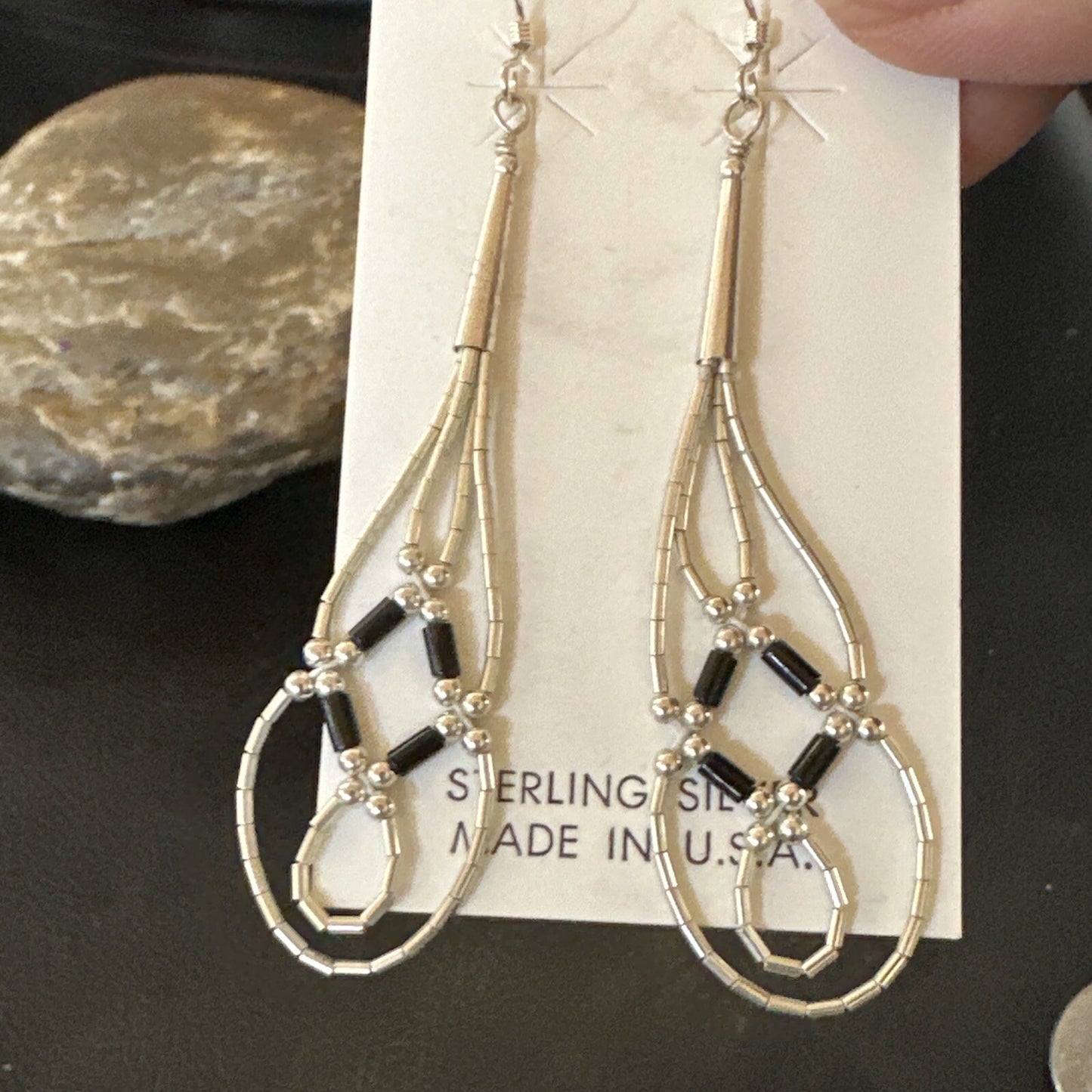 Black Onyx 2 Strands Heishi Liquid Sterling Silver Dangle Earrings 17935