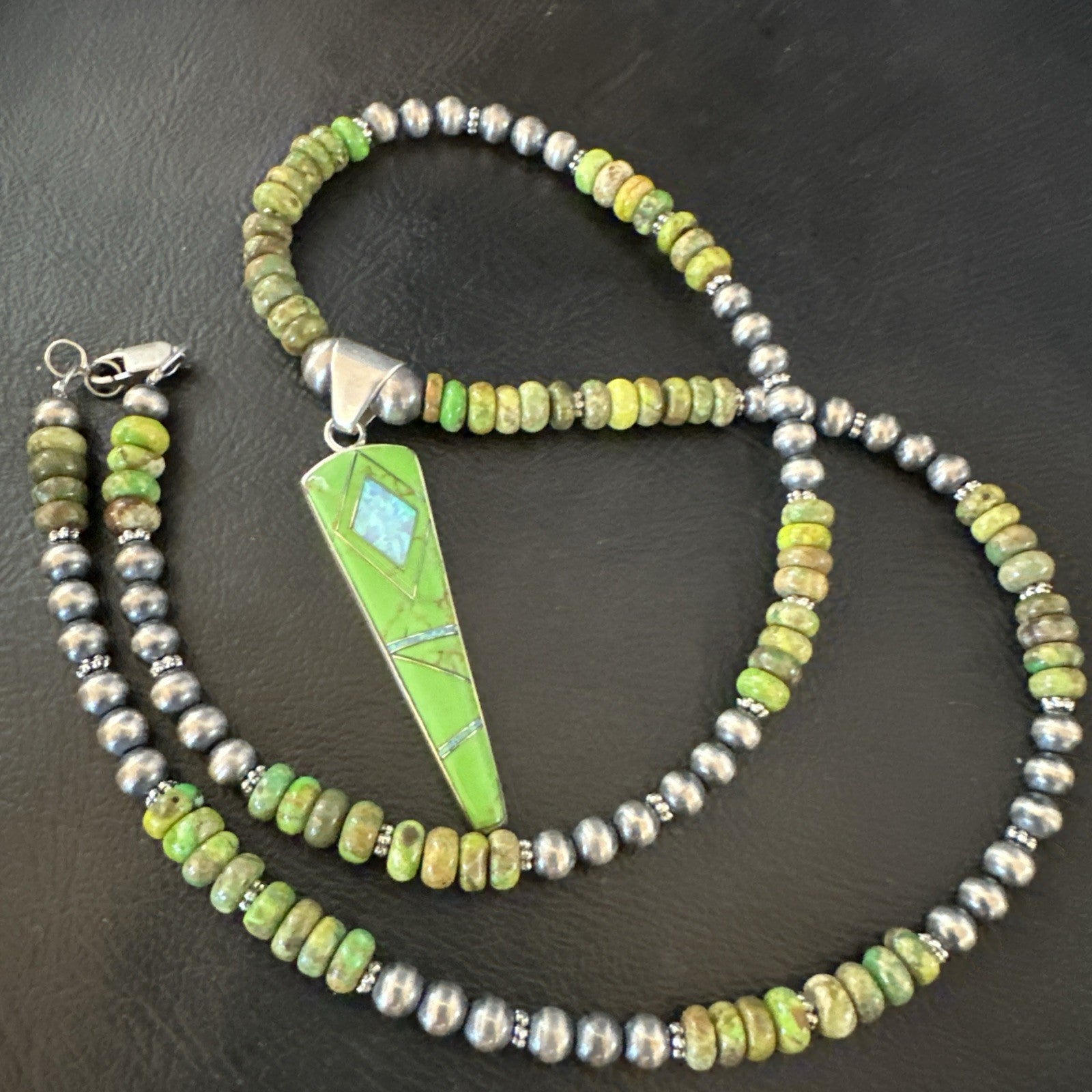 Womens Green Gaspeite Turquoise Opal Pendant Sterling Silver Necklace 19547