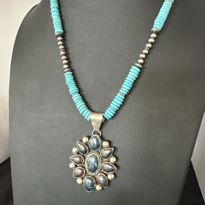 Blue Turquoise Navajo Sterling Silver Cluster Round Pendant Necklace 2”19660