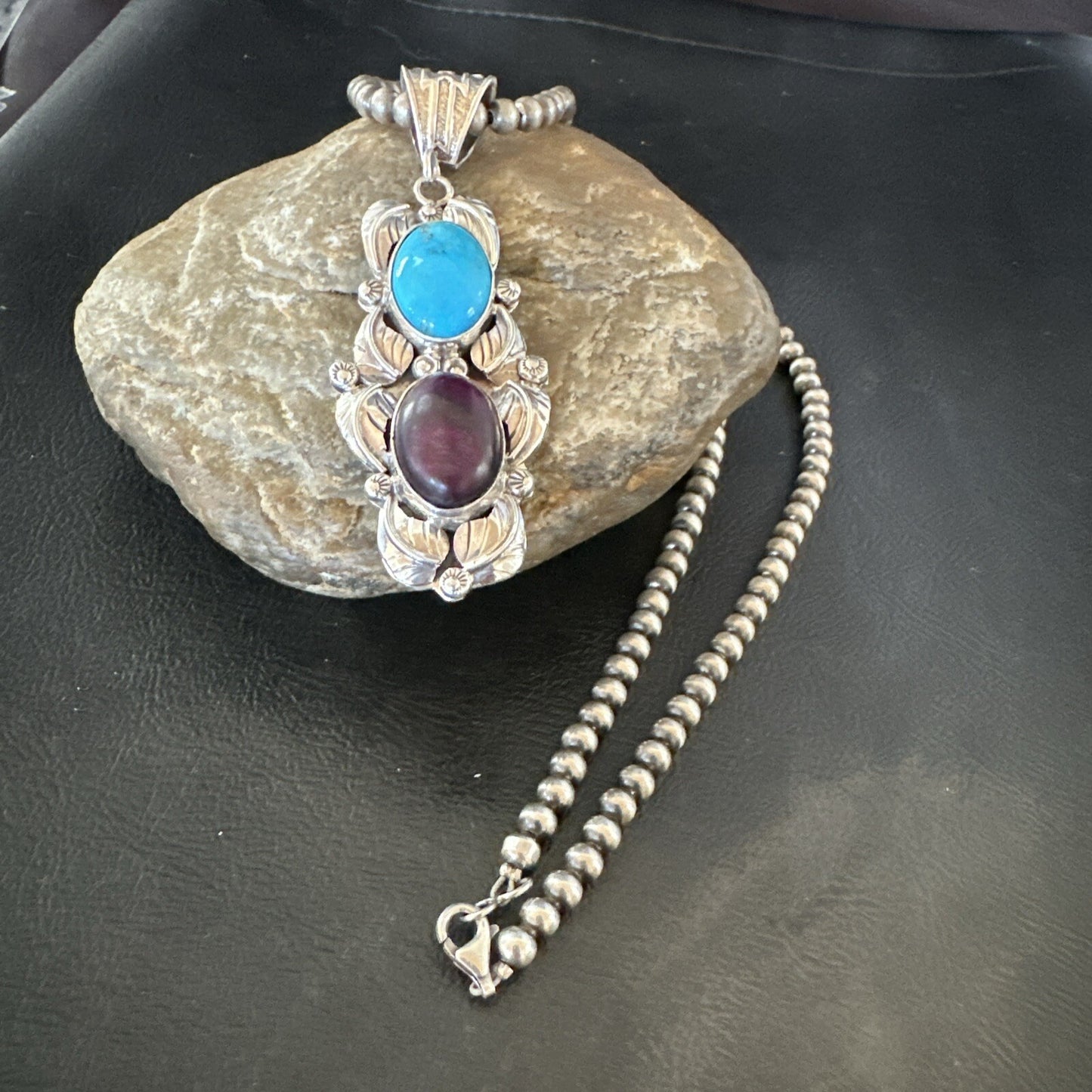 Blue Kingman Turquoise  Purple Stone Pendant Navajo Sterling Silver 18038