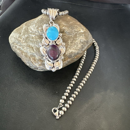 Blue Kingman Turquoise  Purple Stone Pendant Navajo Sterling Silver 18038