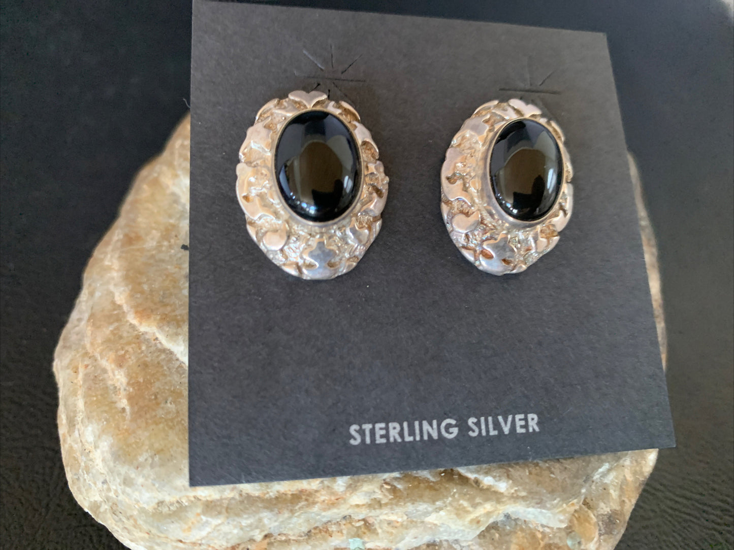 Native American Womens Nugget Sterling Silver Black Onyx Earrings 1" 13047