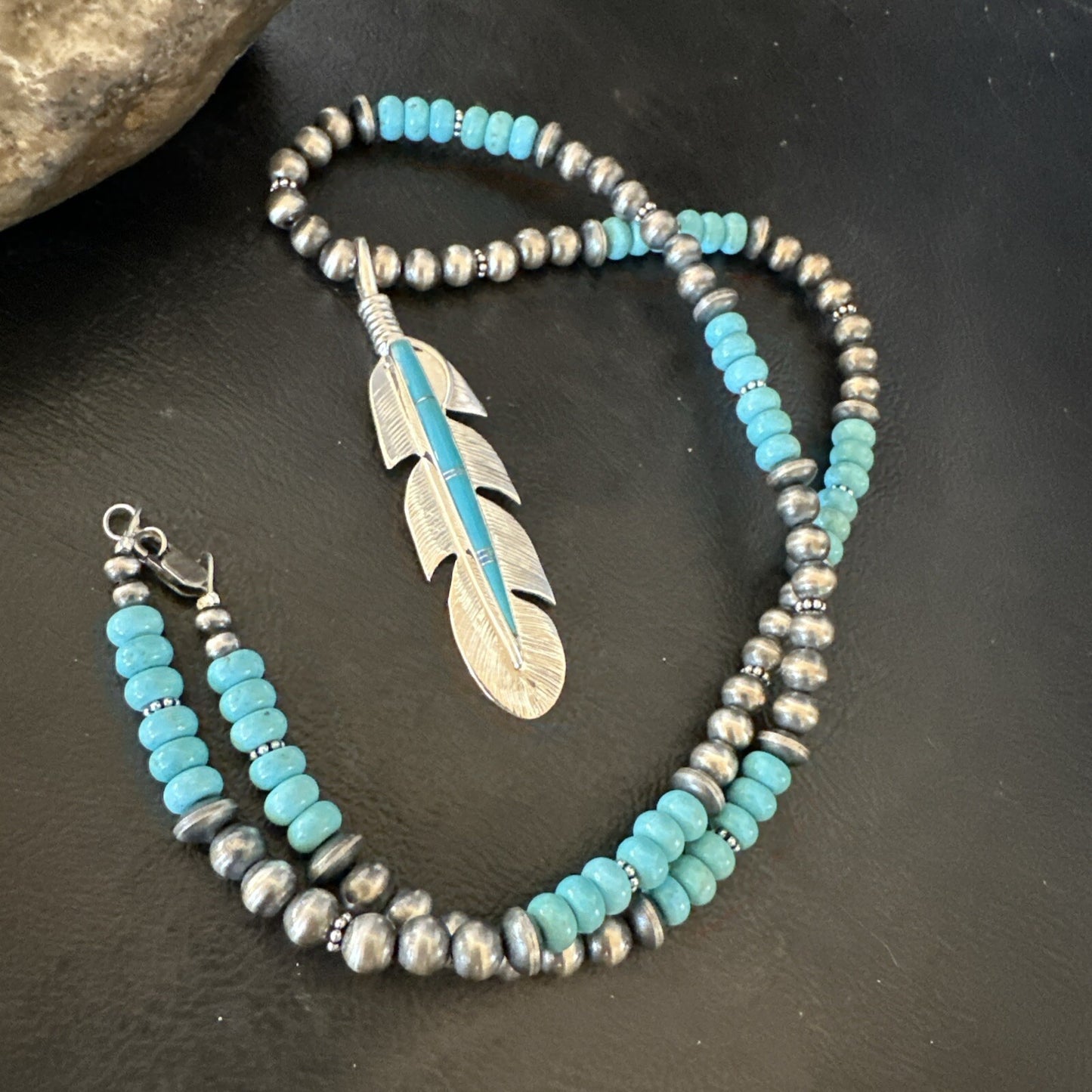 Mens Feather Turquoise Pendant Navajo Sterling Silver Beads Necklace 22" 18669