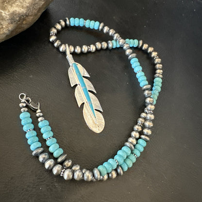 Mens Feather Turquoise Pendant Navajo Sterling Silver Beads Necklace 22" 18669