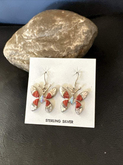 Butterfly Multicolor Red Spiny MOP Inlay Sterling Silver Earrings 19817