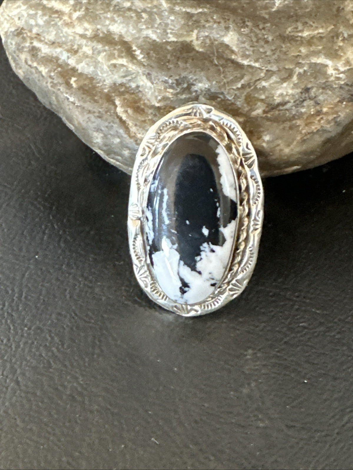 Black White Buffalo Turquoise Navajo Sterling Silver Ring Size 9.5 19809