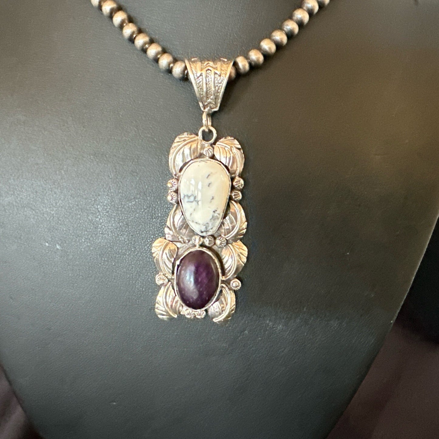 Navajo Sterling Silver White Buffalo Turquoise  Purple Stone Pendant 18035