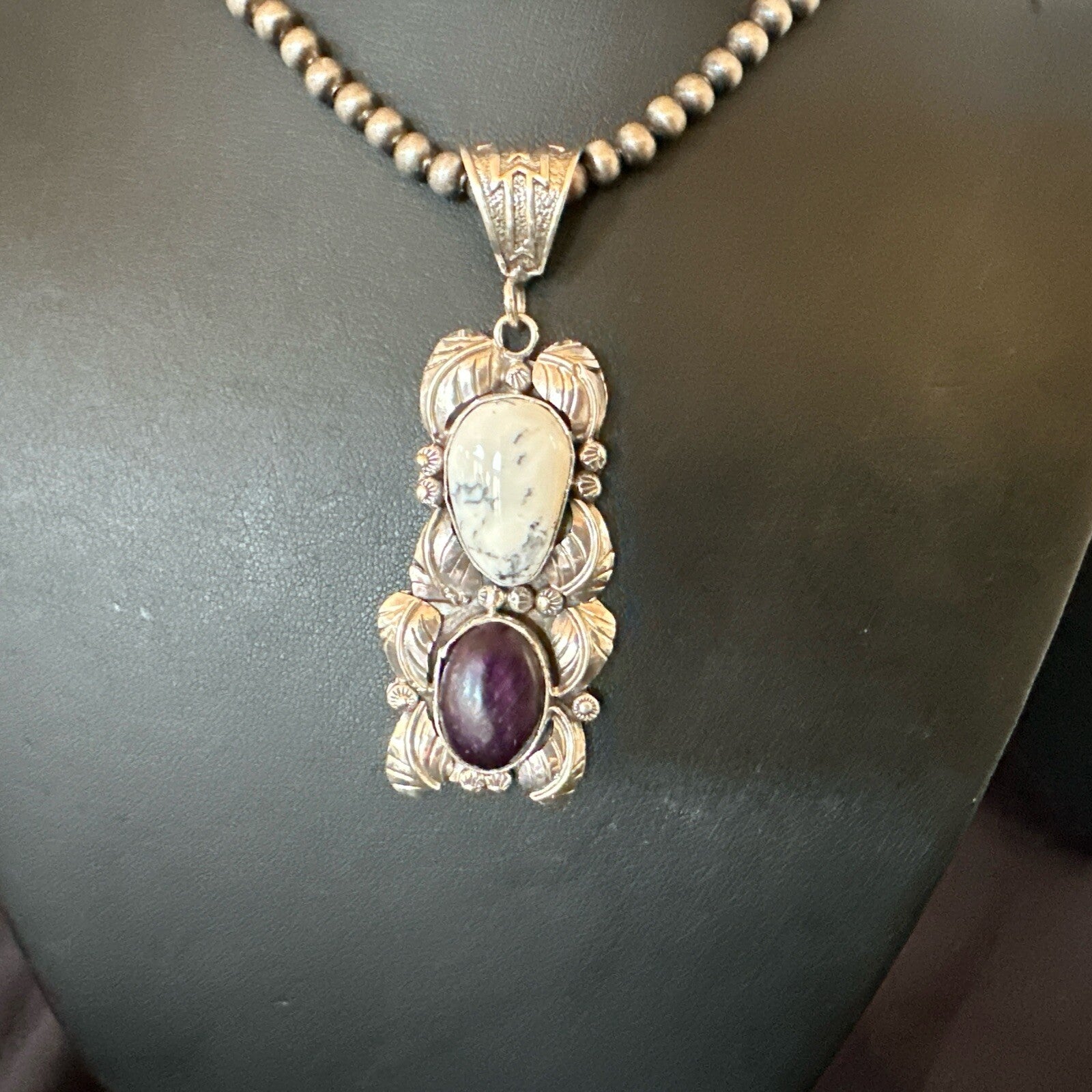 Navajo Sterling Silver White Buffalo Turquoise  Purple Stone Pendant 18035